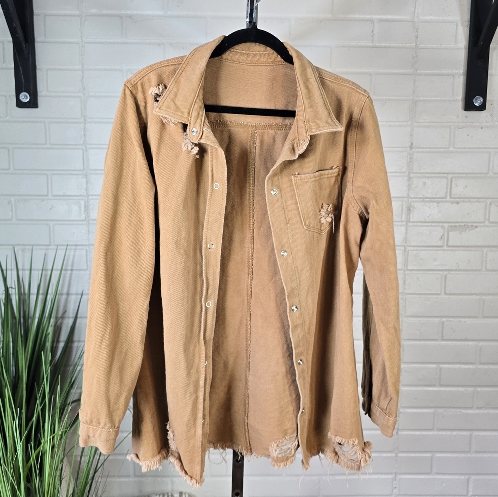 Unbranded Distressed Tan Button Up Denim Shirt Jacket Large - Picture 3 of 7
